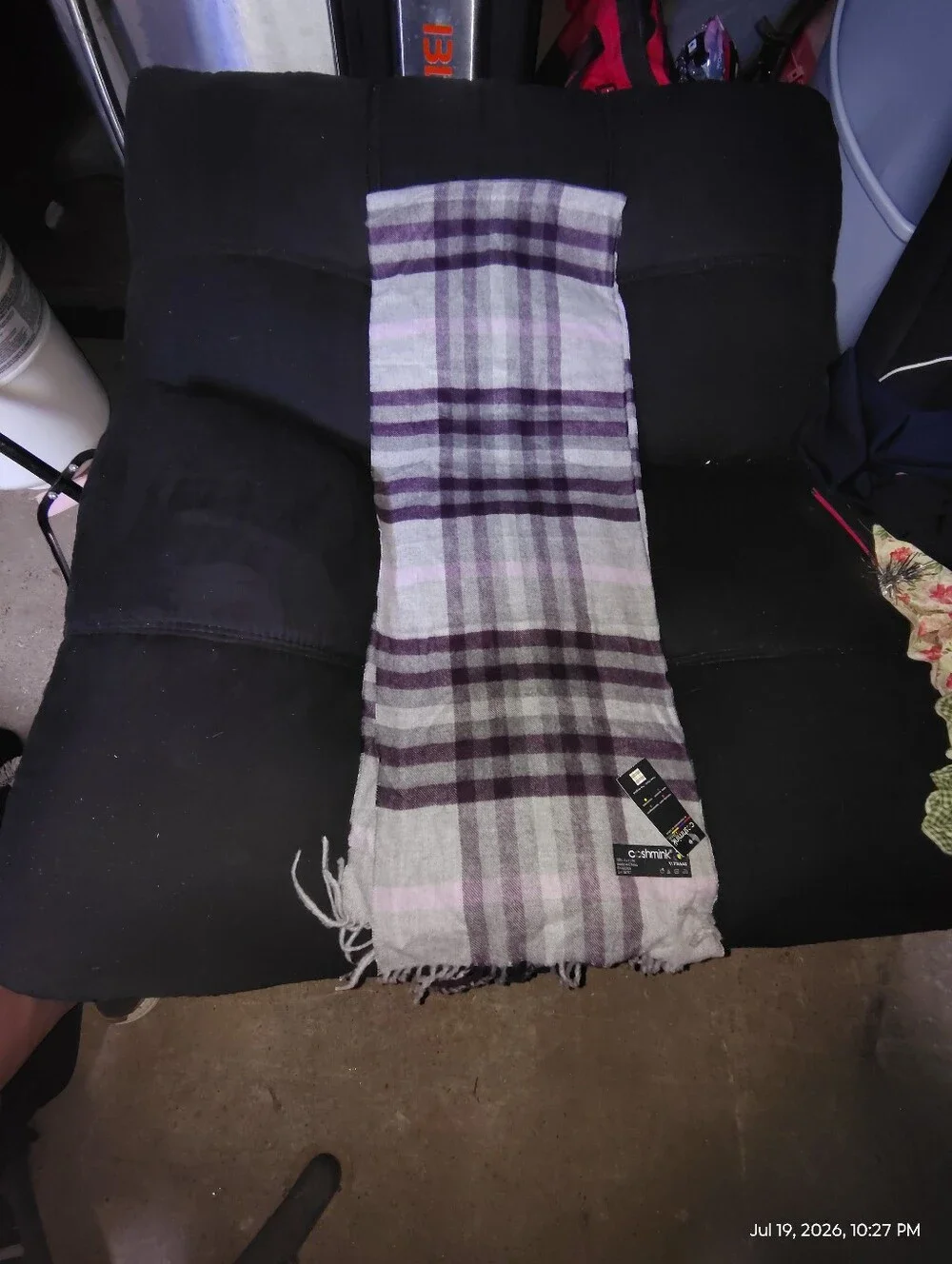 V. FRAAS Purple and Gray Plaid Fringe Scarf Wrap